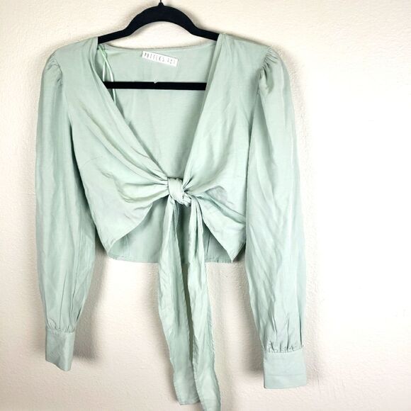 Women's Potter's Pot Mint Green Long Sleeve Crop Top Tie Shacket Size Small - Picture 5 of 11